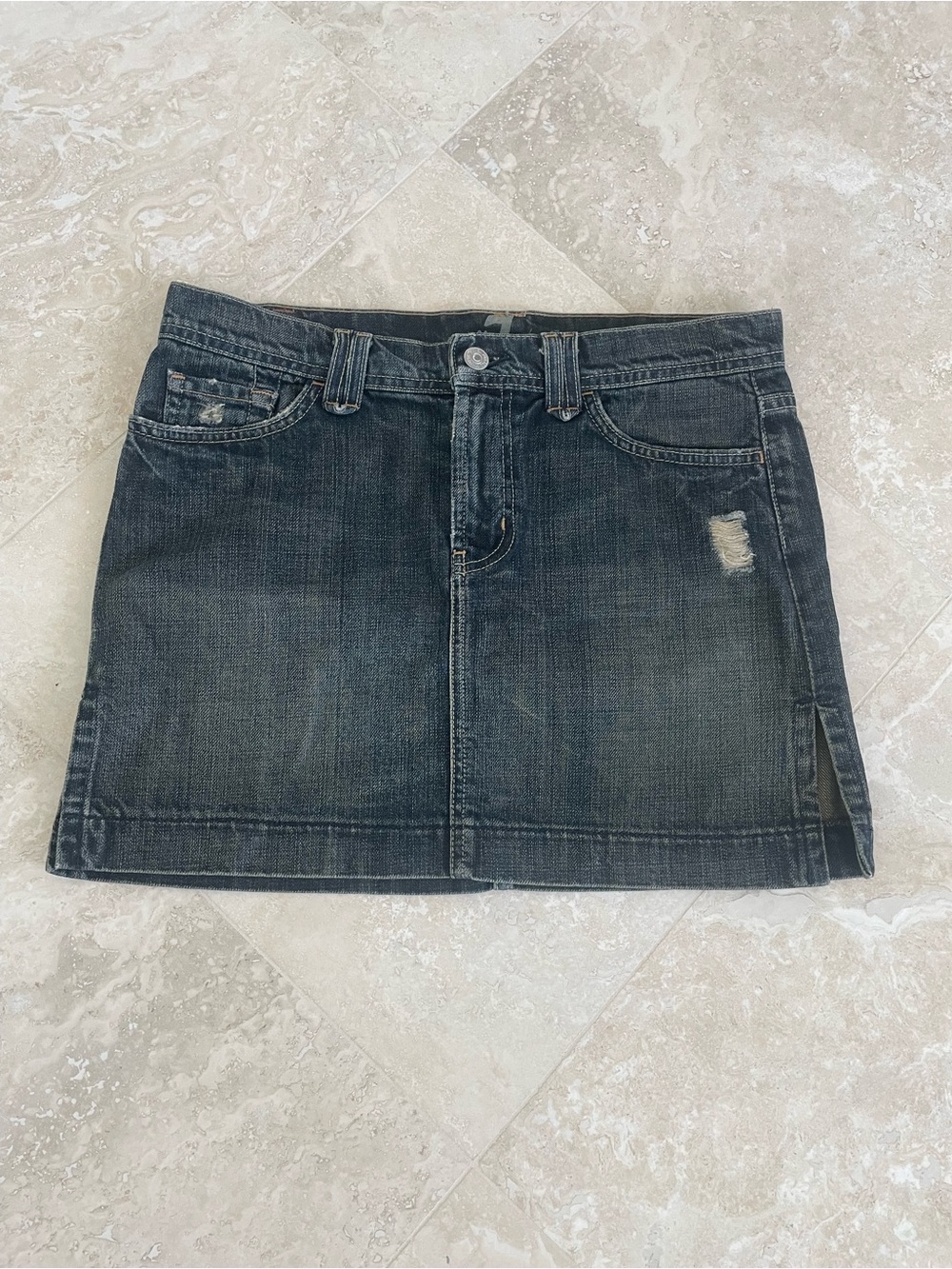 7 For All Mankind Distressed Black Denim Mini Skirt